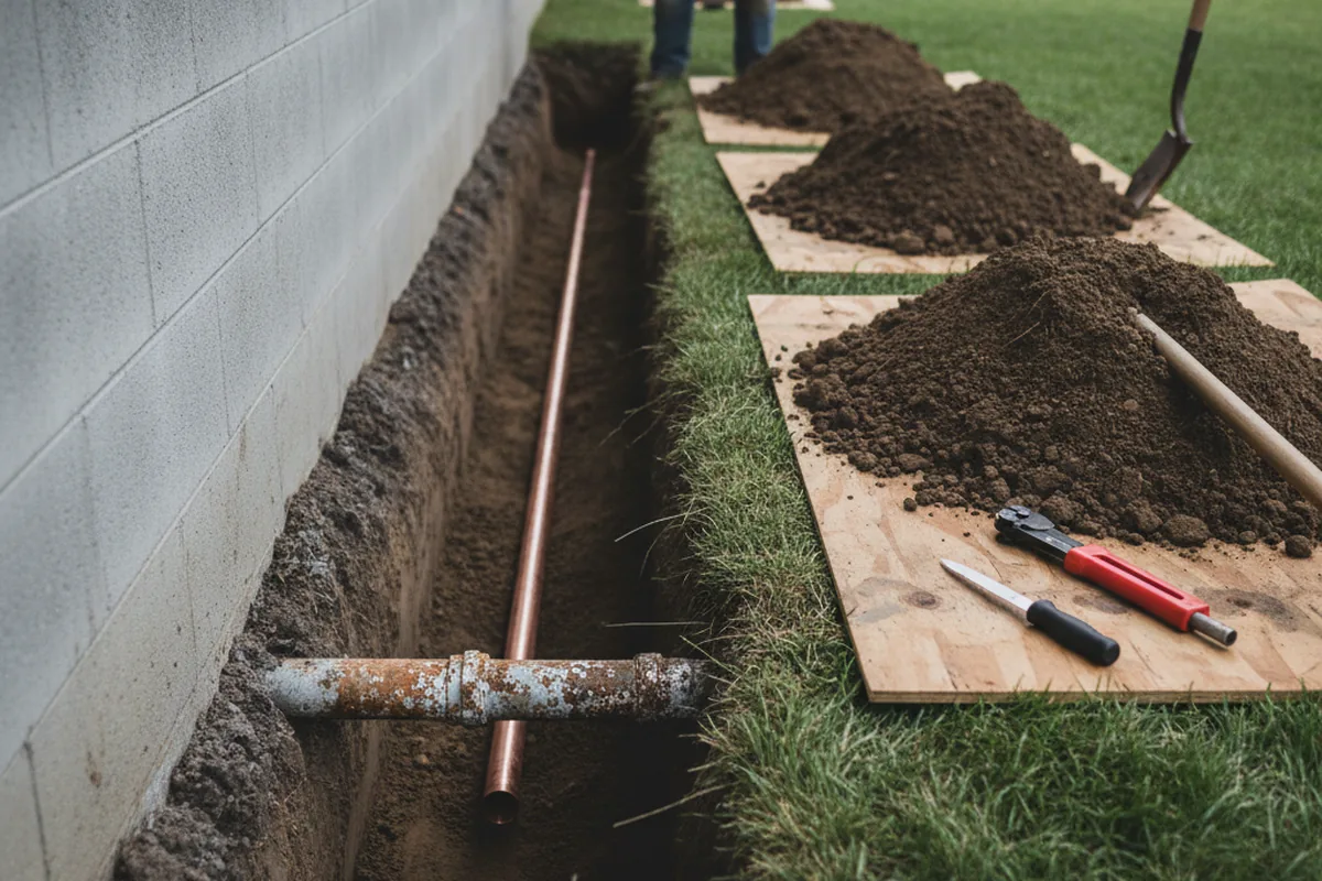 Excavated water line trench during Water Heater Repair in Ryderwood